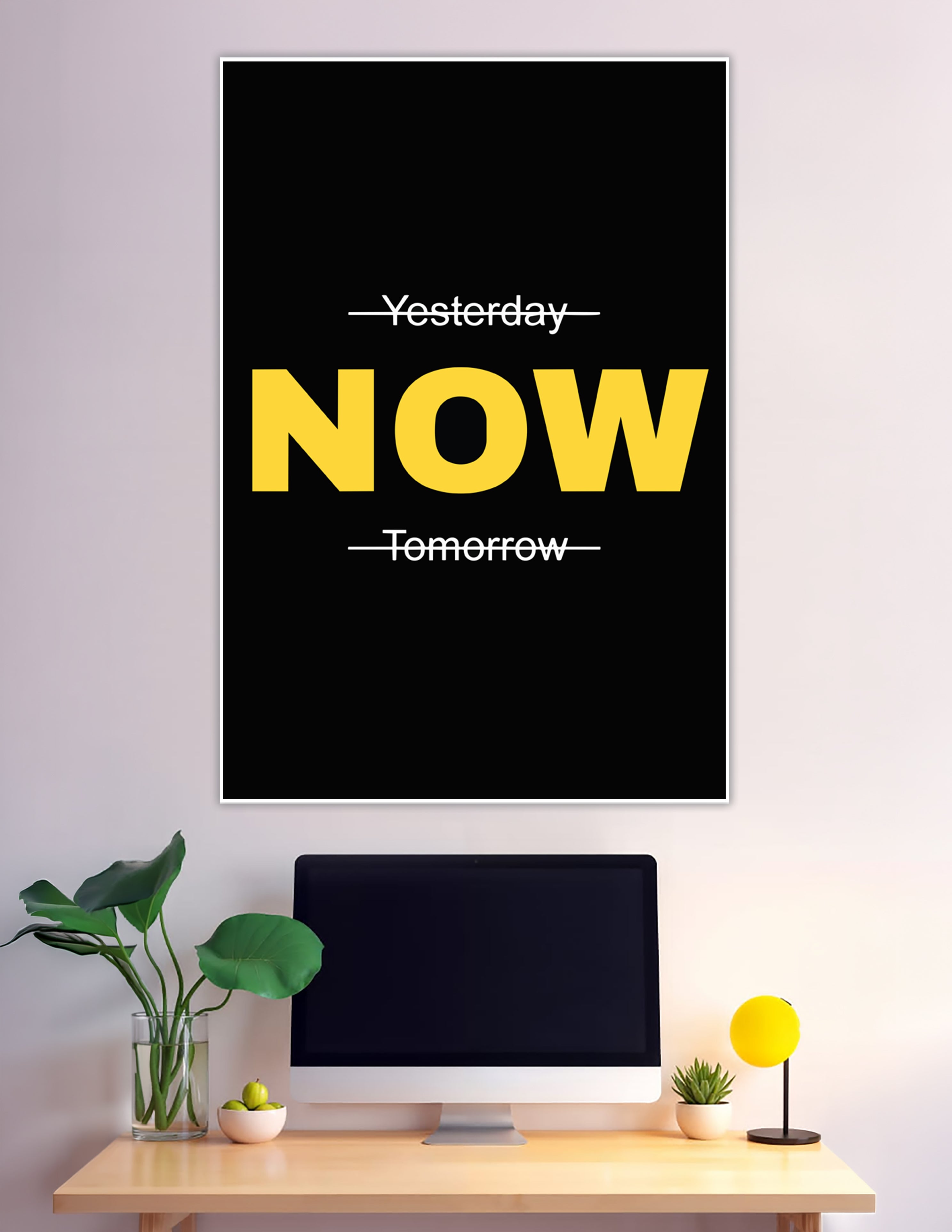 Bold yellow NOW typography poster on black background