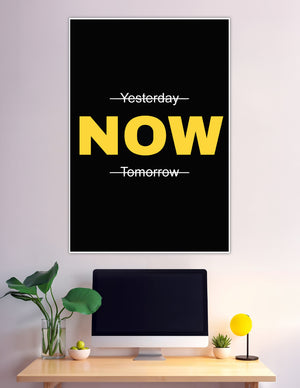 Bold yellow NOW typography poster on black background