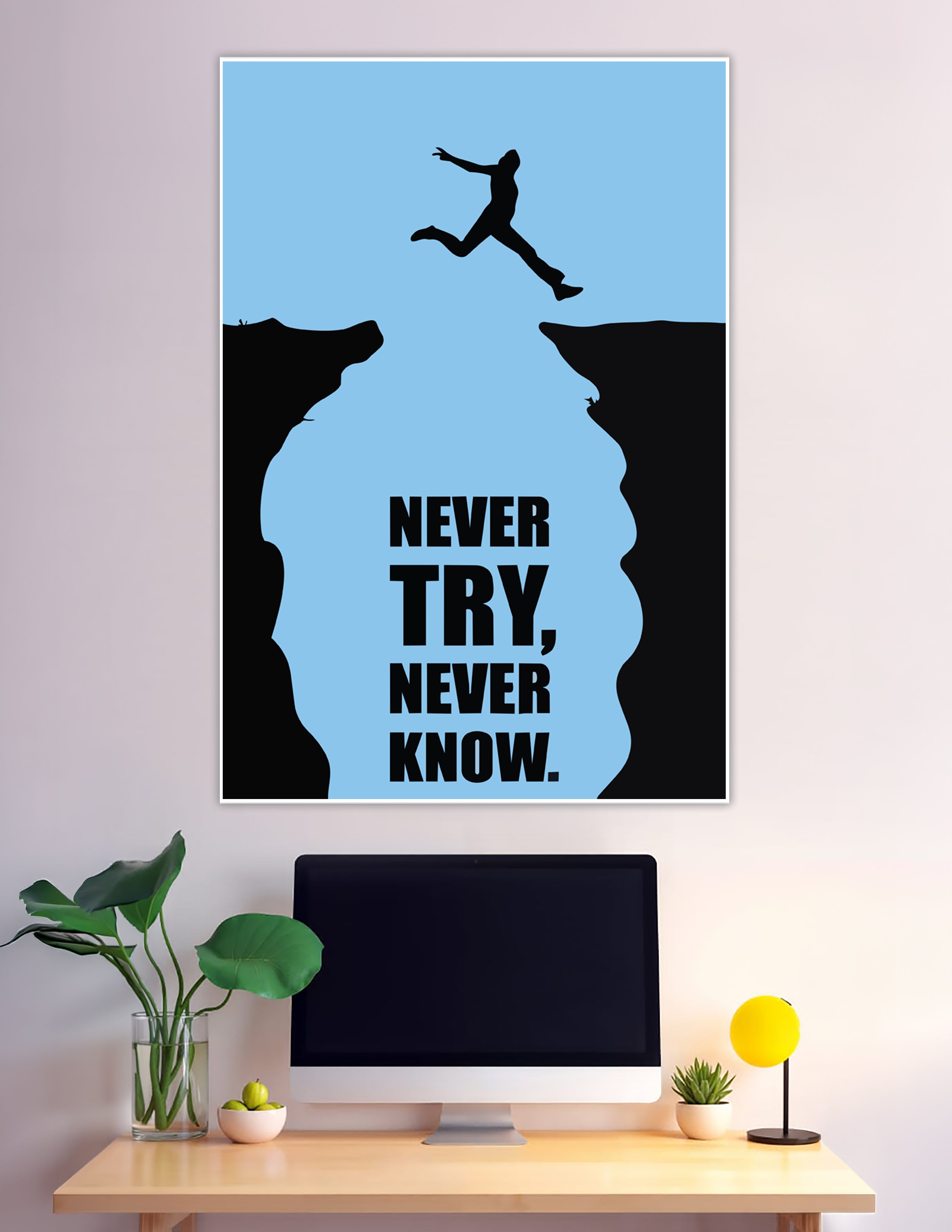 Silhouette leaping over cliff with motivational quote poster