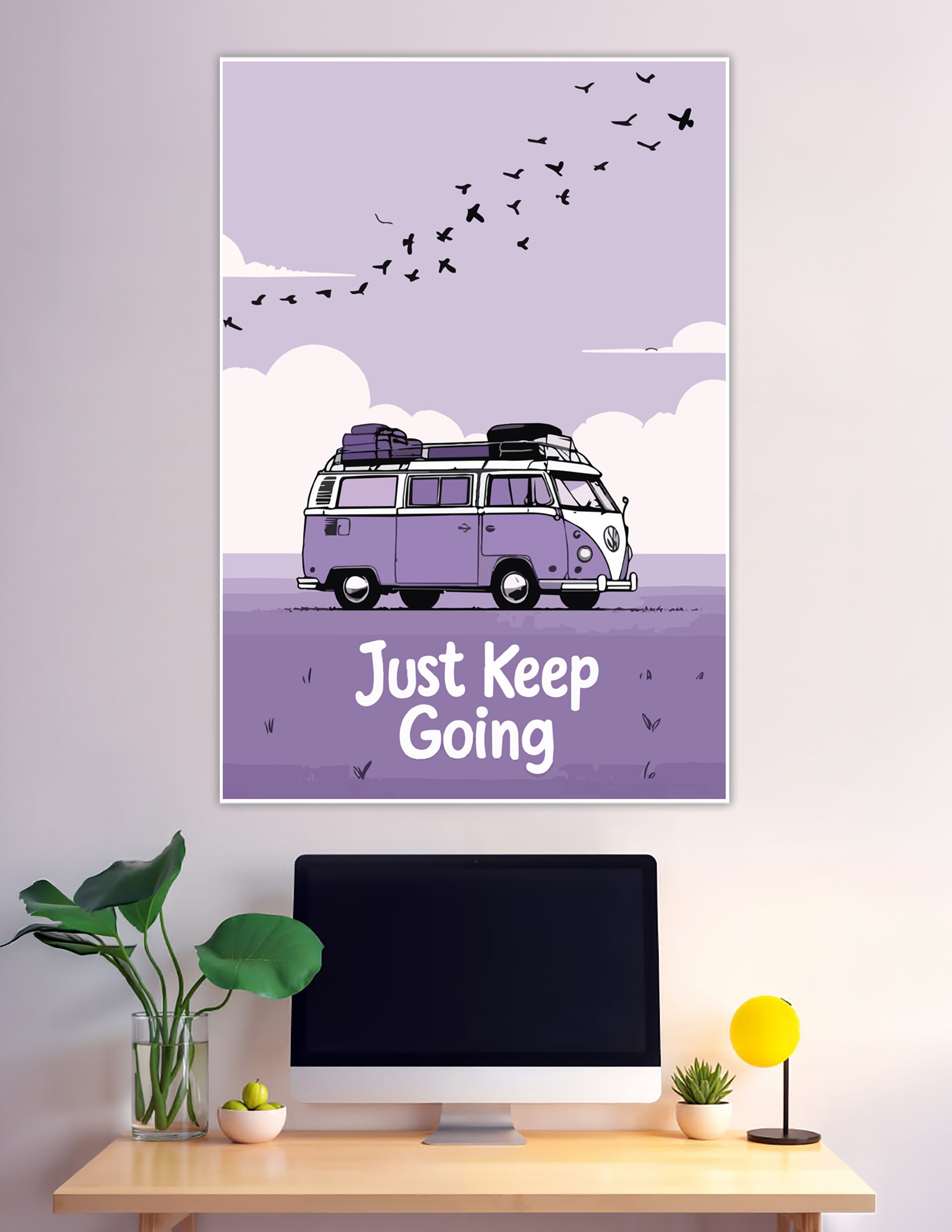 Purple VW camper van motivational travel poster with birds