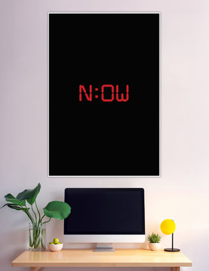 Red digital clock NOW typography on black background poster