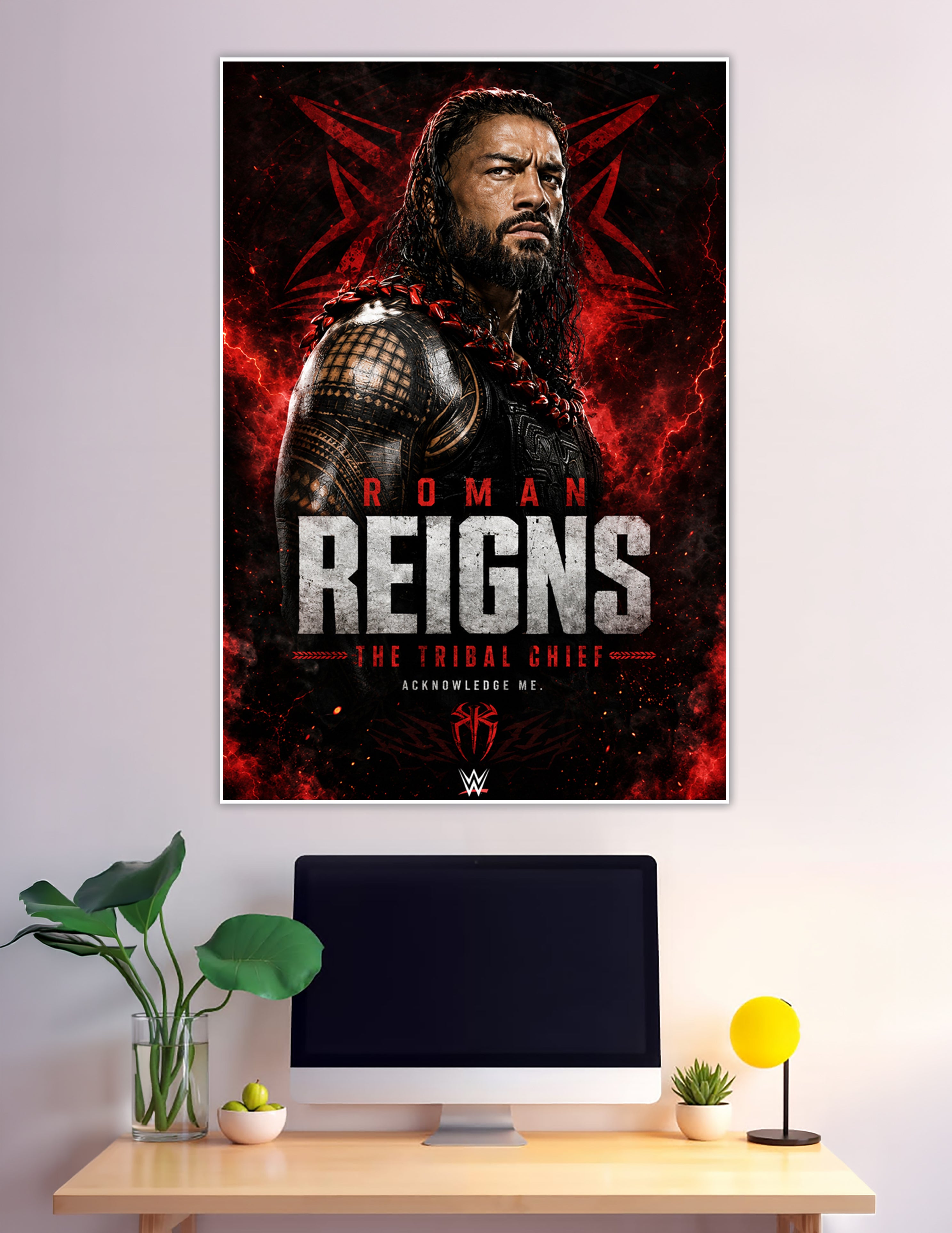Roman Reigns Tribal Chief WWE poster with red lightning