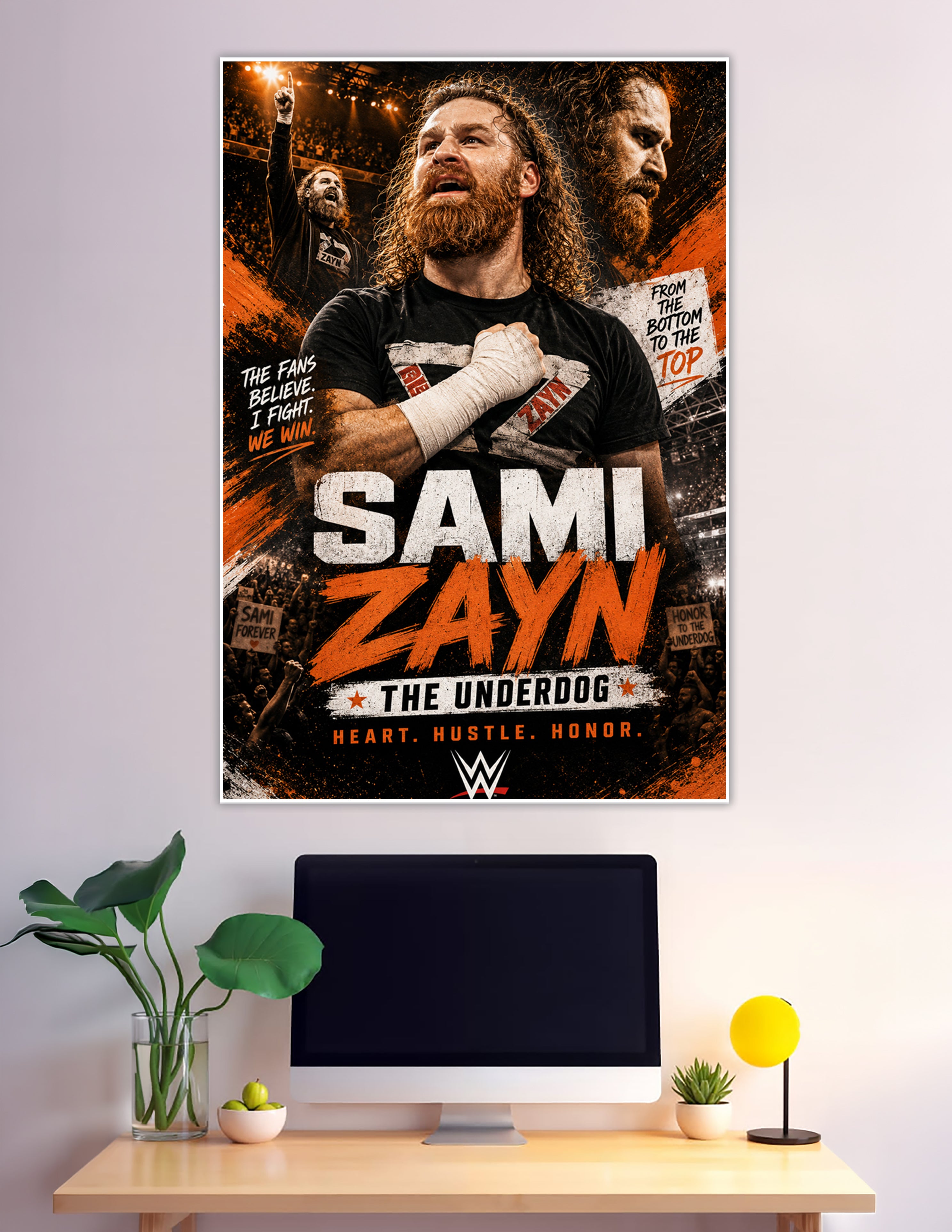 Sami Zayn WWE Underdog poster orange black arena design