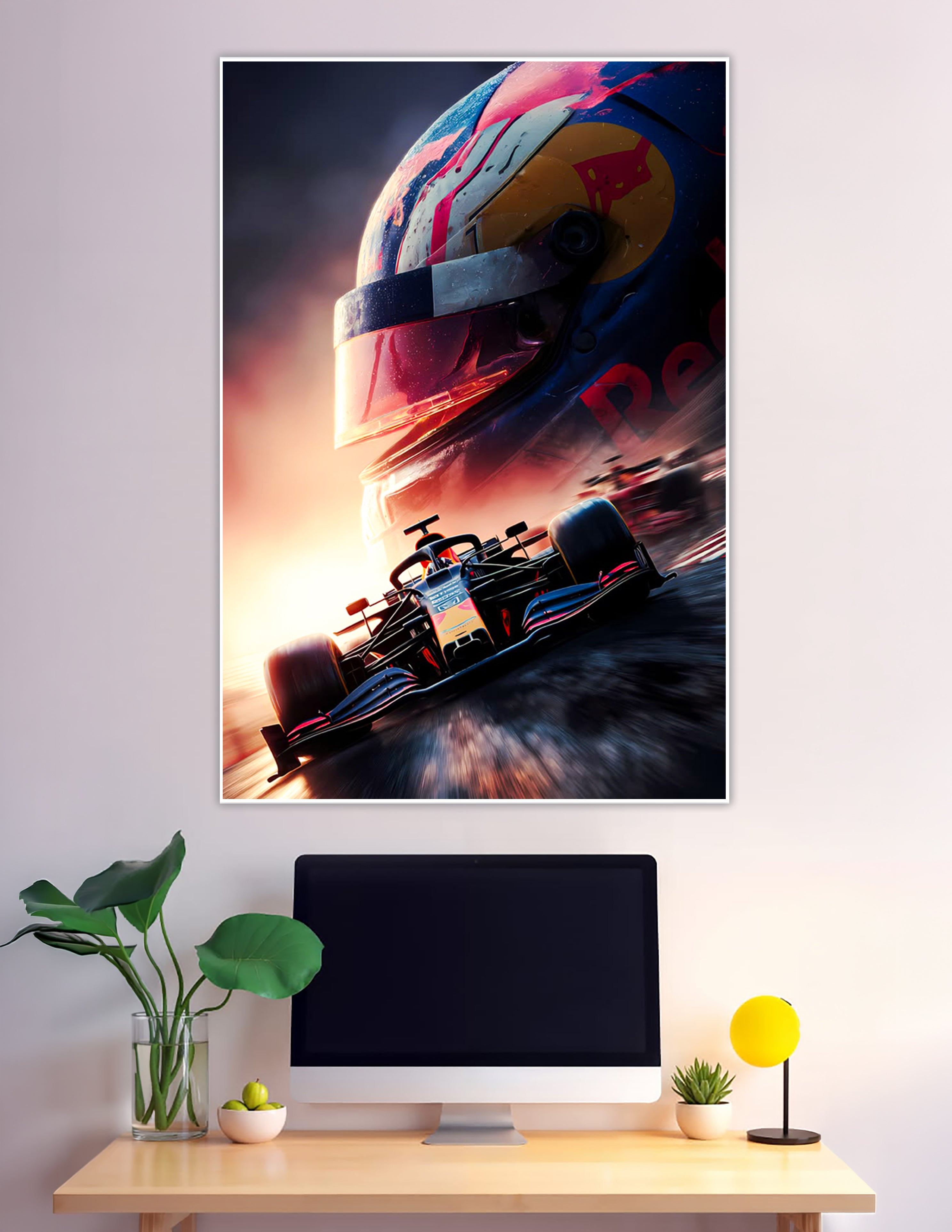 Red Bull F1 racing helmet and speeding Formula 1 car poster