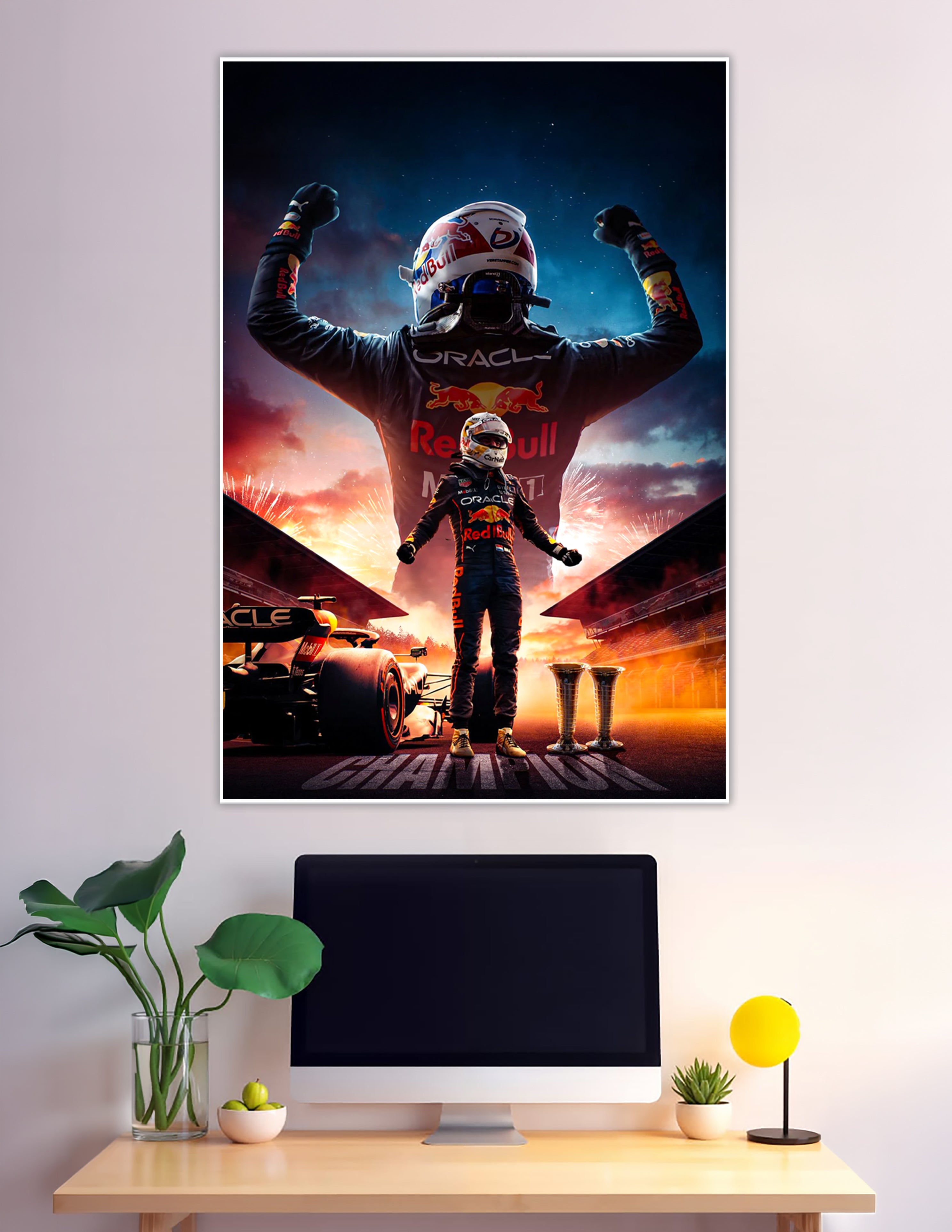 Red Bull F1 driver celebrating championship victory with trophies