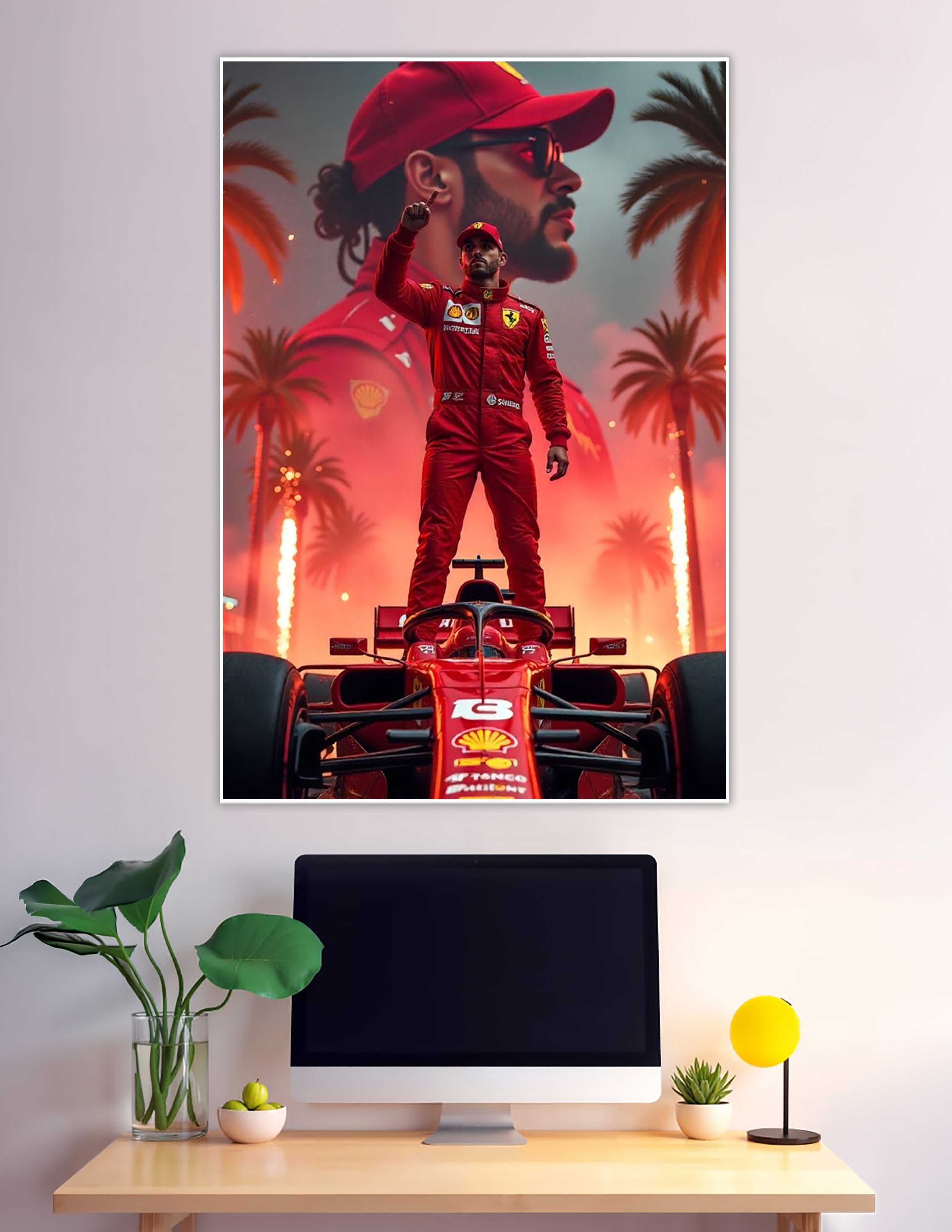 Ferrari F1 driver standing on red race car with fireworks