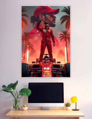 Ferrari F1 driver standing on red race car with fireworks
