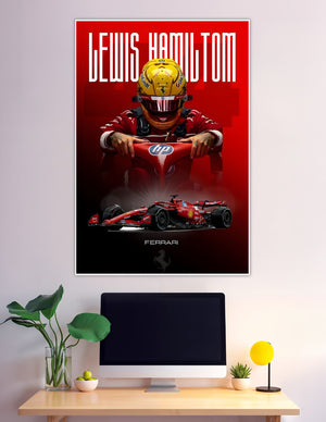 Lewis Hamilton in Ferrari red suit and gold helmet F1 poster