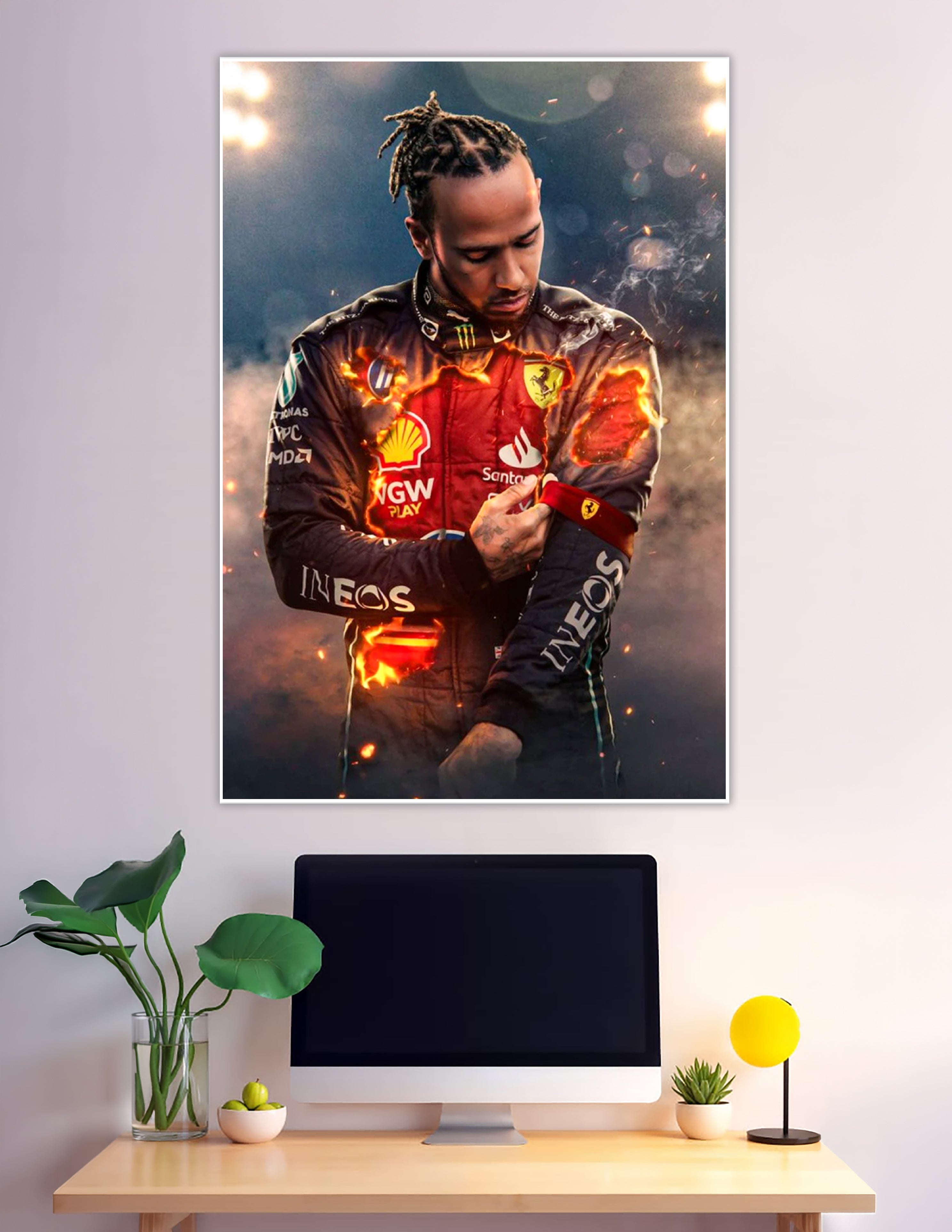 F1 driver racing suit burning transformation fire poster