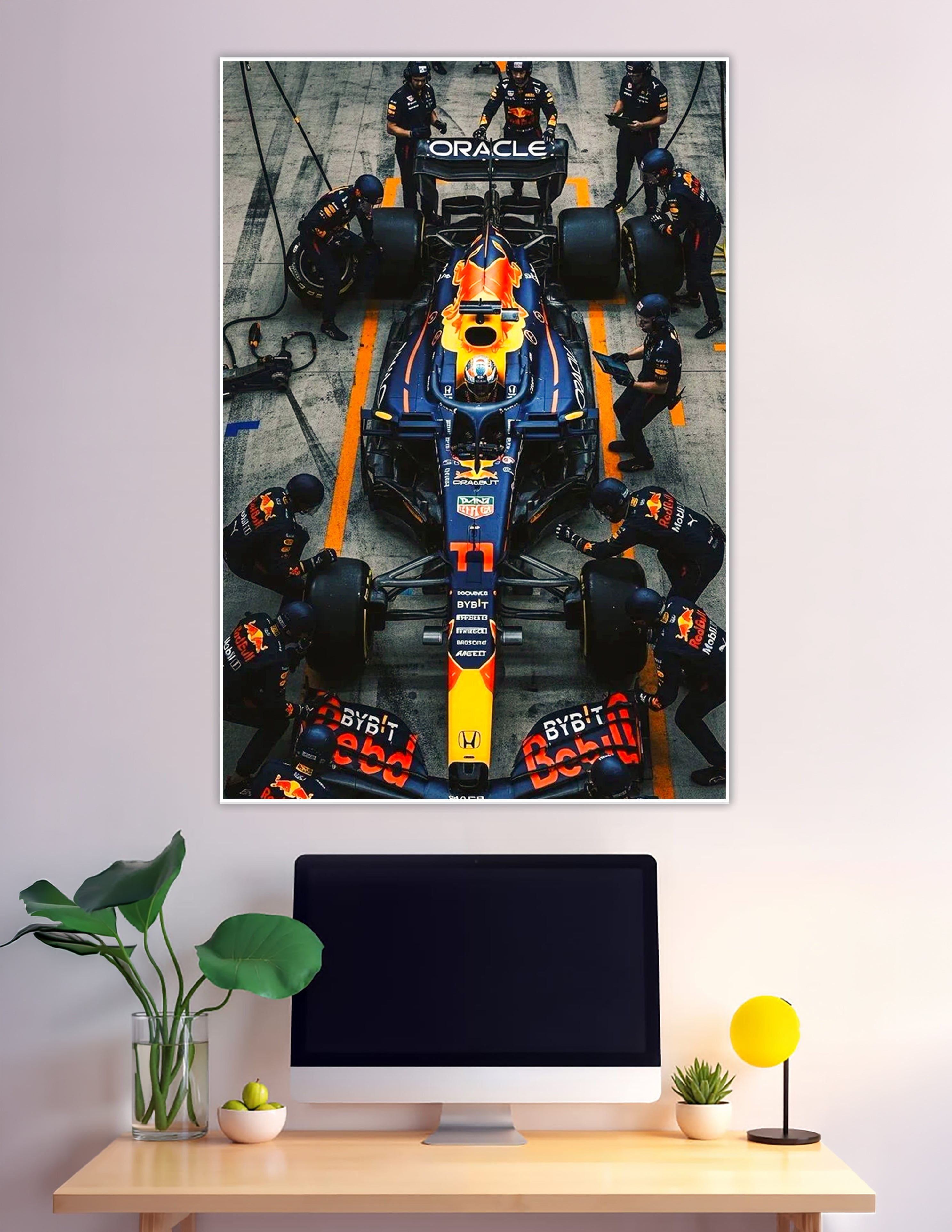 Aerial view Oracle Red Bull F1 pit stop racing poster