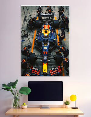 Aerial view Oracle Red Bull F1 pit stop racing poster