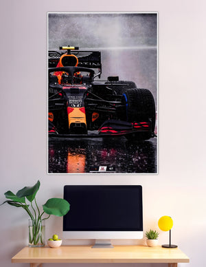 Red Bull Racing F1 car racing in heavy rain