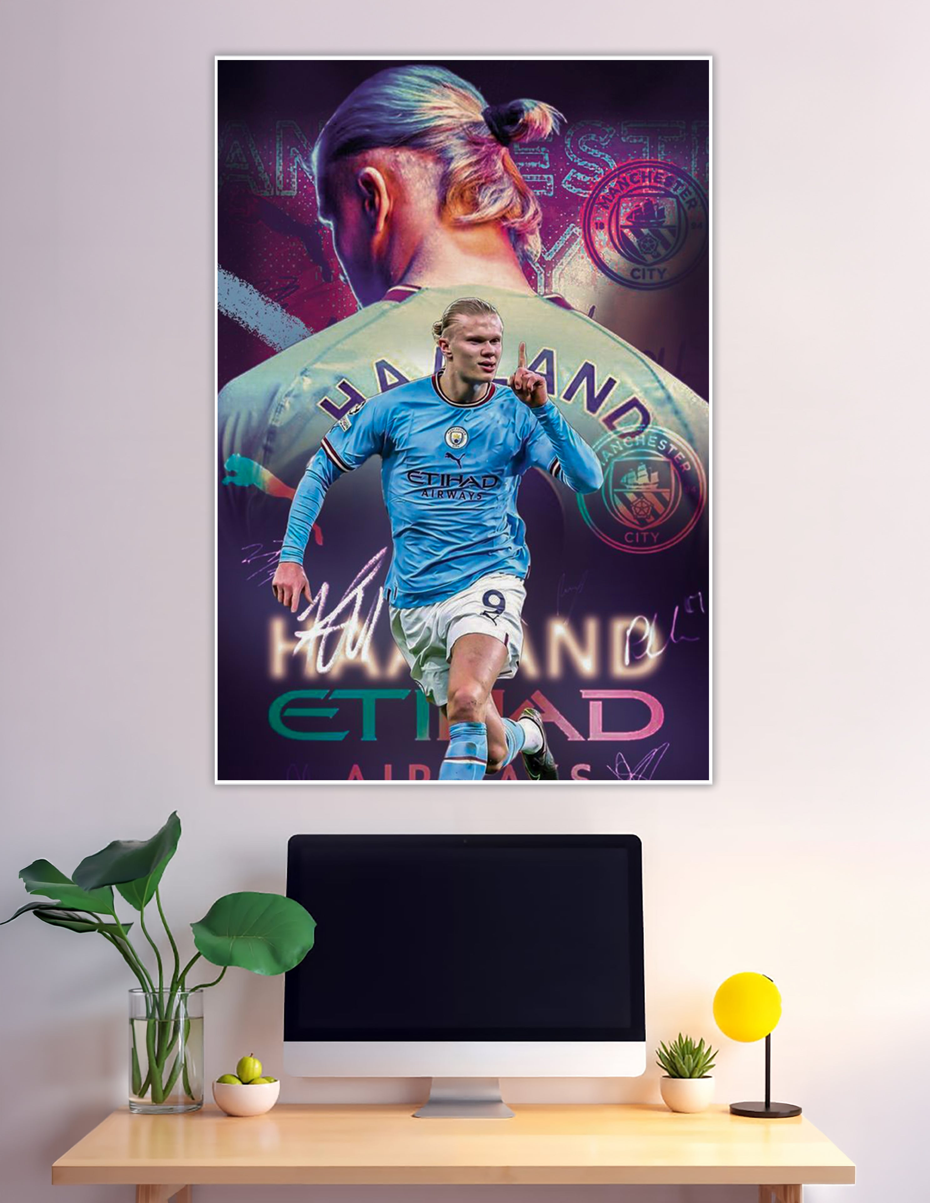 Erling Haaland Manchester City neon graphic football poster