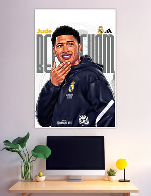 Illustrated portrait poster of Jude Bellingham in Real Madrid jacket