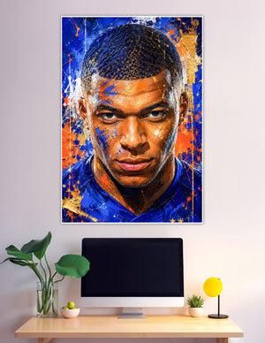 Bold paint splash football player portrait poster blue orange