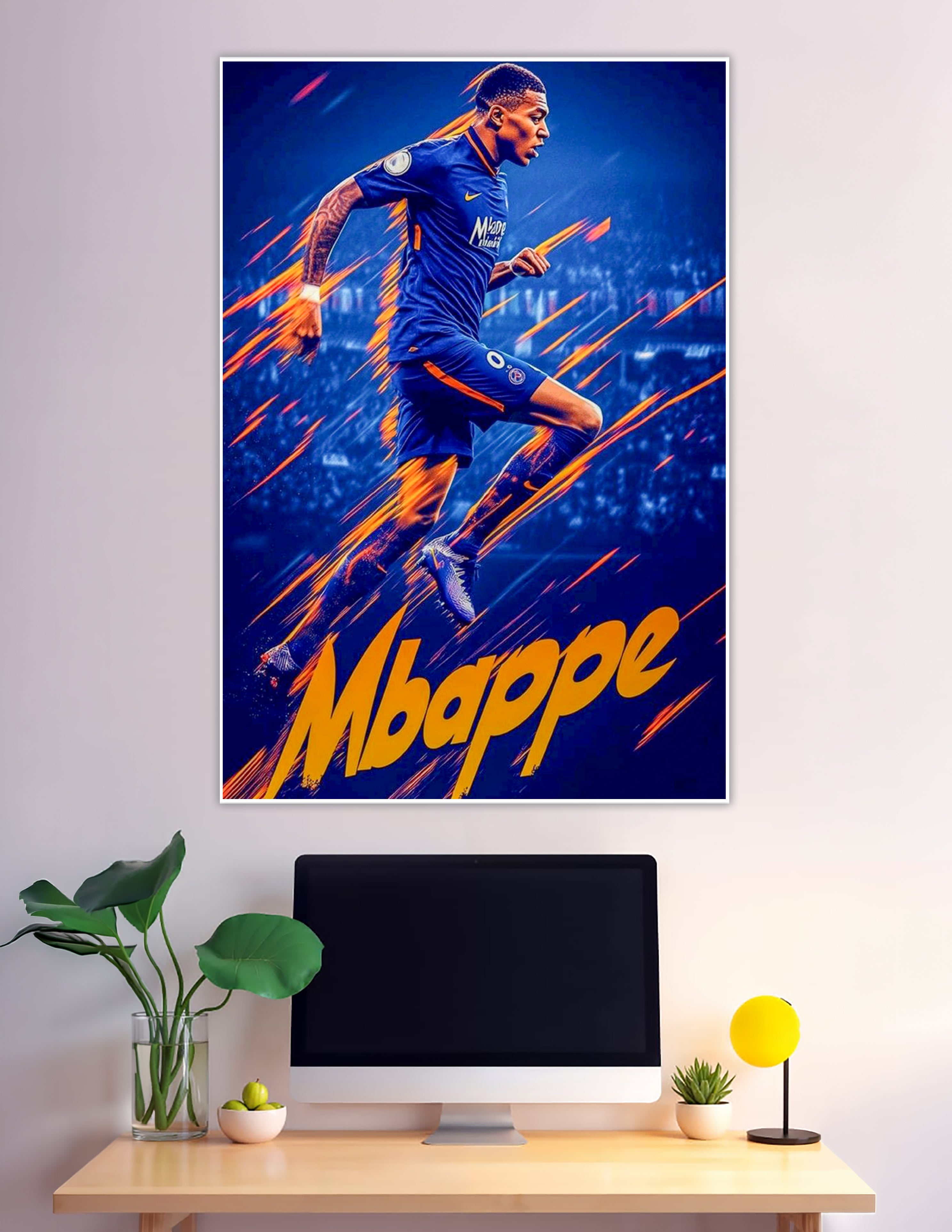 Mbappe running in blue kit with orange speed streaks