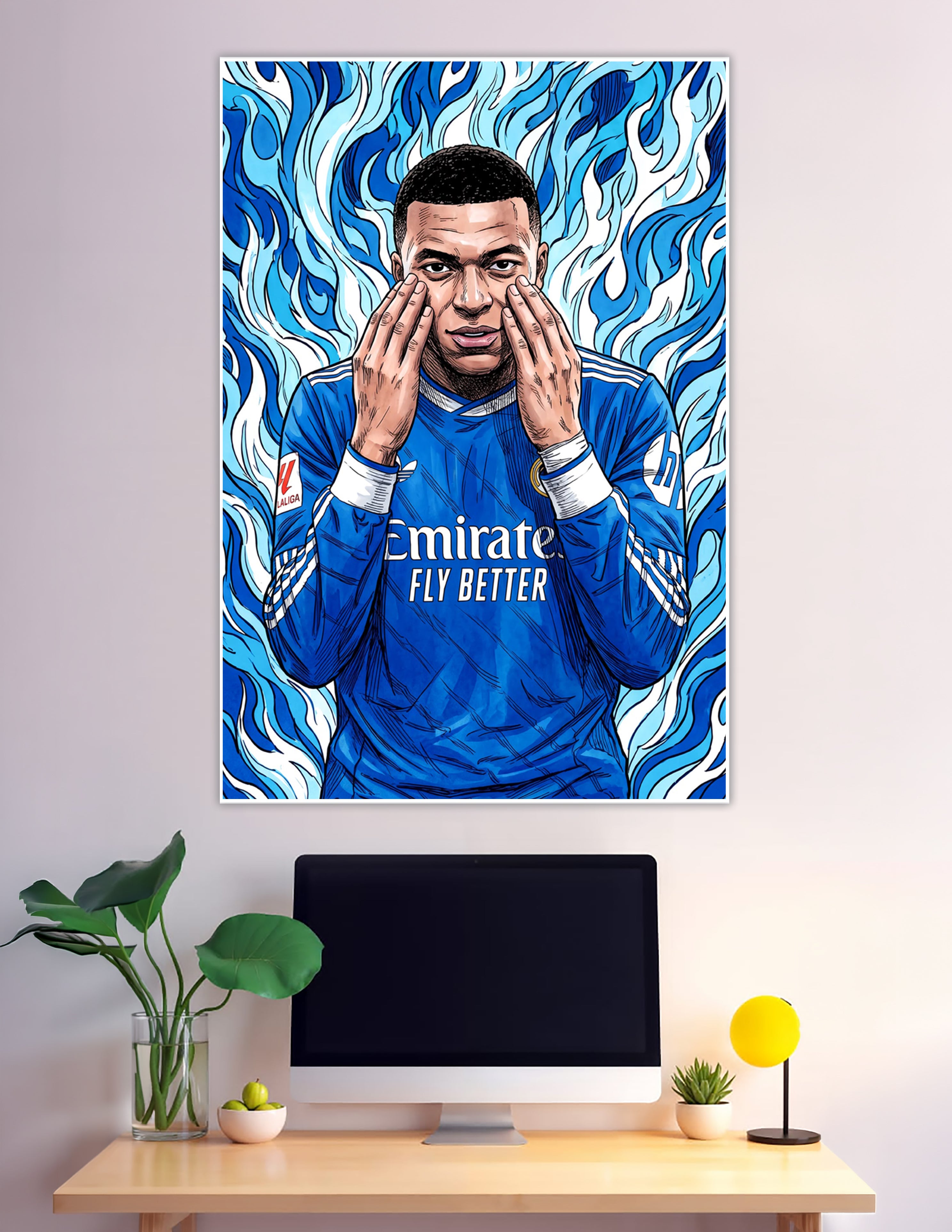 Comic illustration football player blue flames Real Madrid jersey