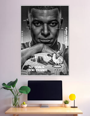 Black and white Kylian Mbappé 50 goals France football poster