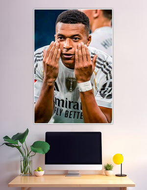 Football player hands-to-face celebration pose portrait poster