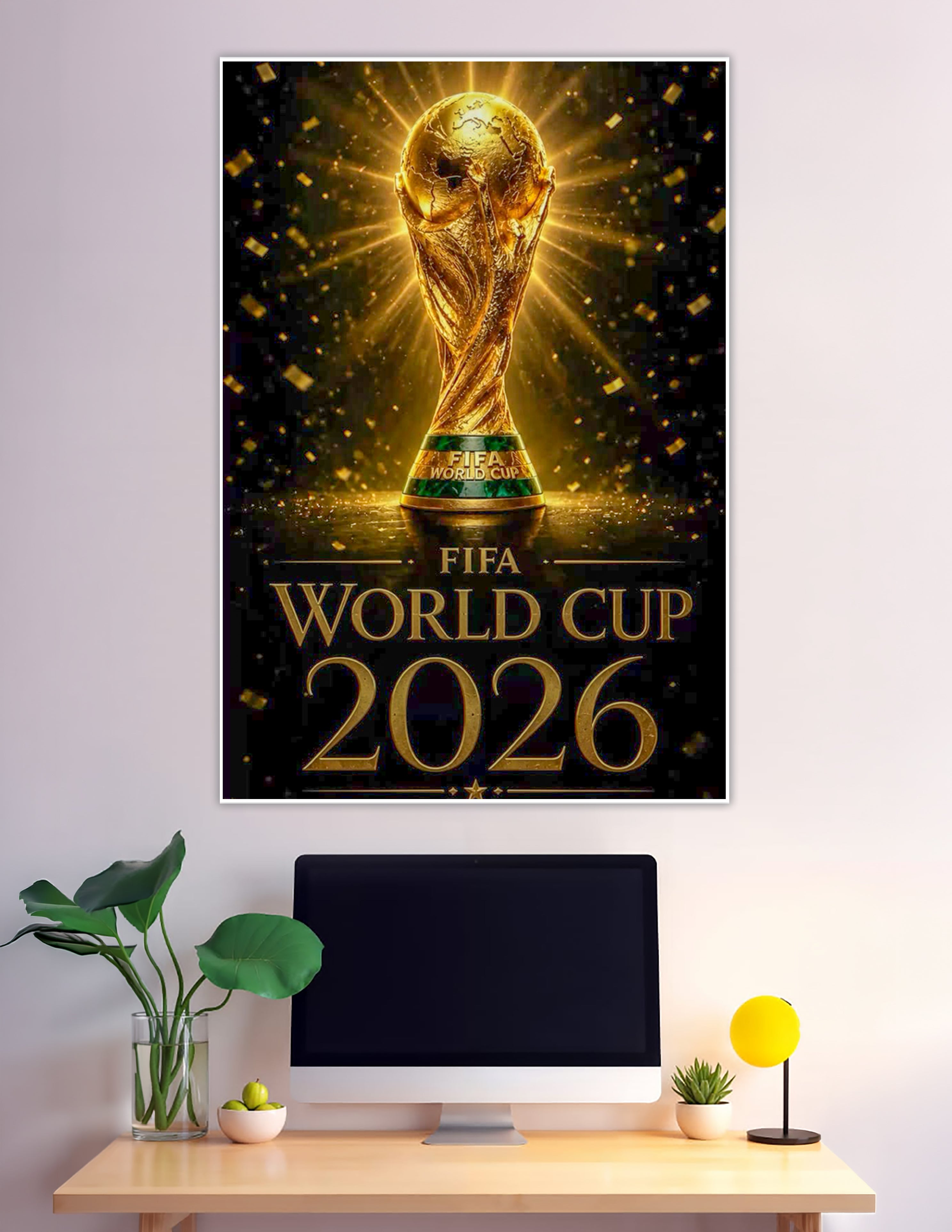 FIFA World Cup 2026 glowing golden trophy poster