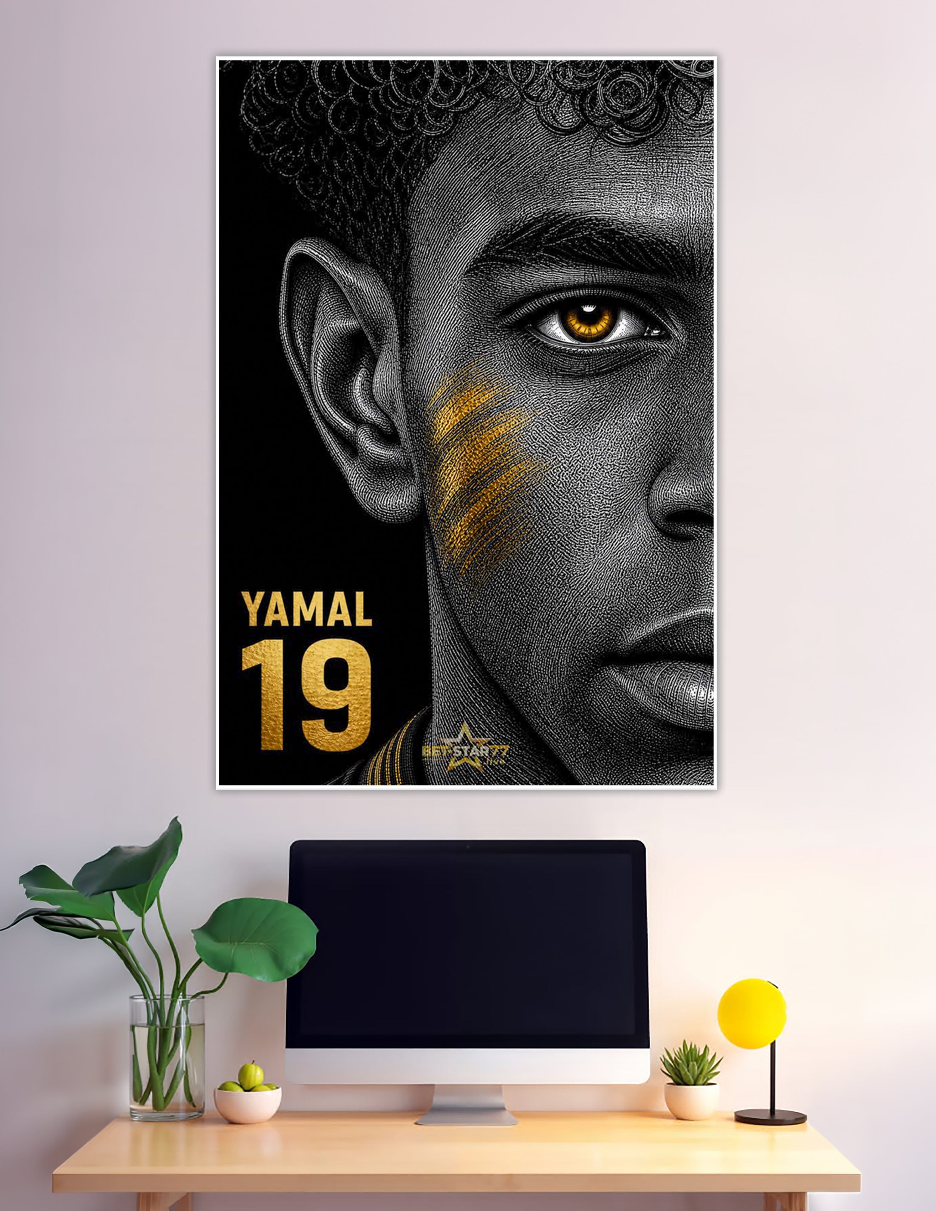 Lamine Yamal number 19 gold engraving portrait poster