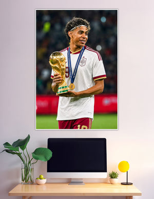 Spain footballer holding FIFA World Cup trophy with gold medal