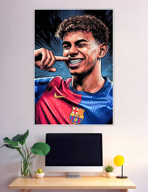 Comic art poster of smiling young FC Barcelona football player
