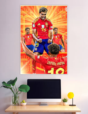 Lamine Yamal celebrating in Spain red football kit