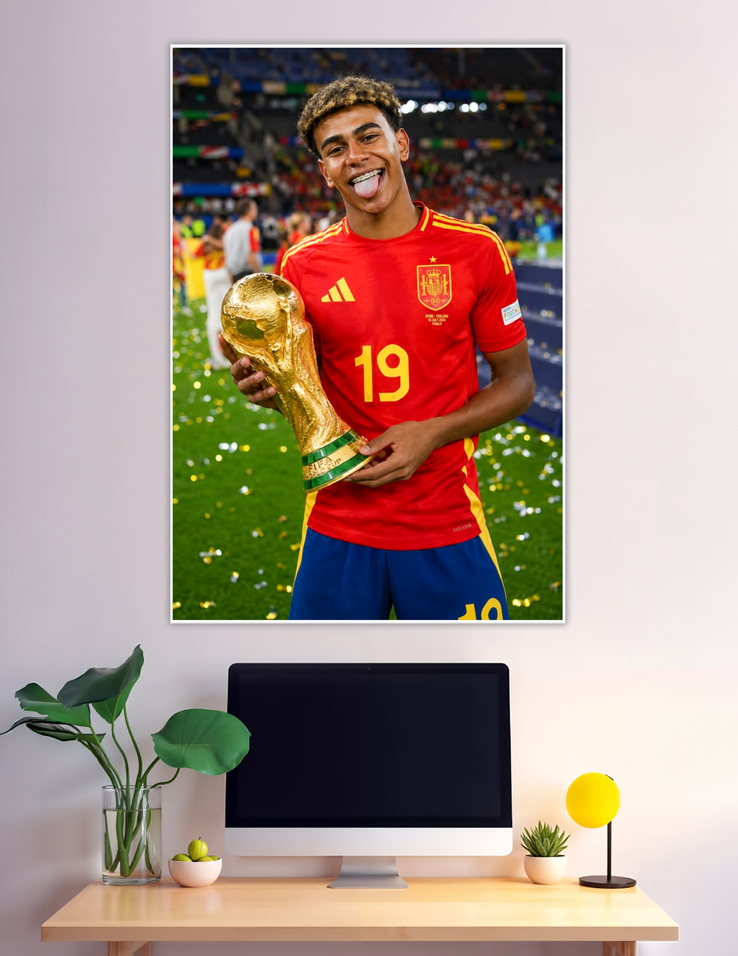 Spain number 19 holding FIFA World Cup trophy celebrating