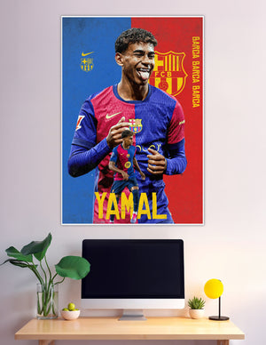Lamine Yamal smiling in FC Barcelona blue red kit poster