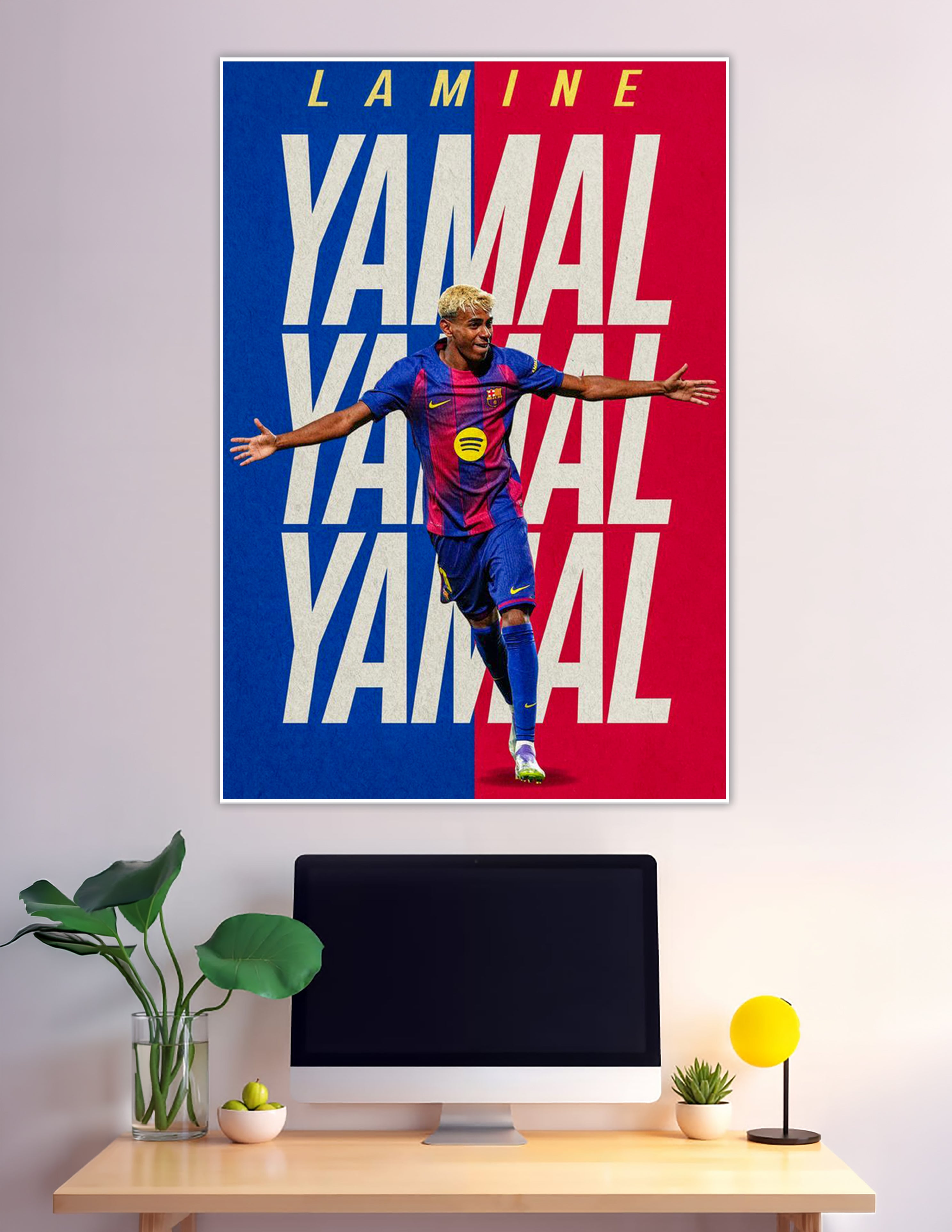 Lamine Yamal celebrating in FC Barcelona blue red kit