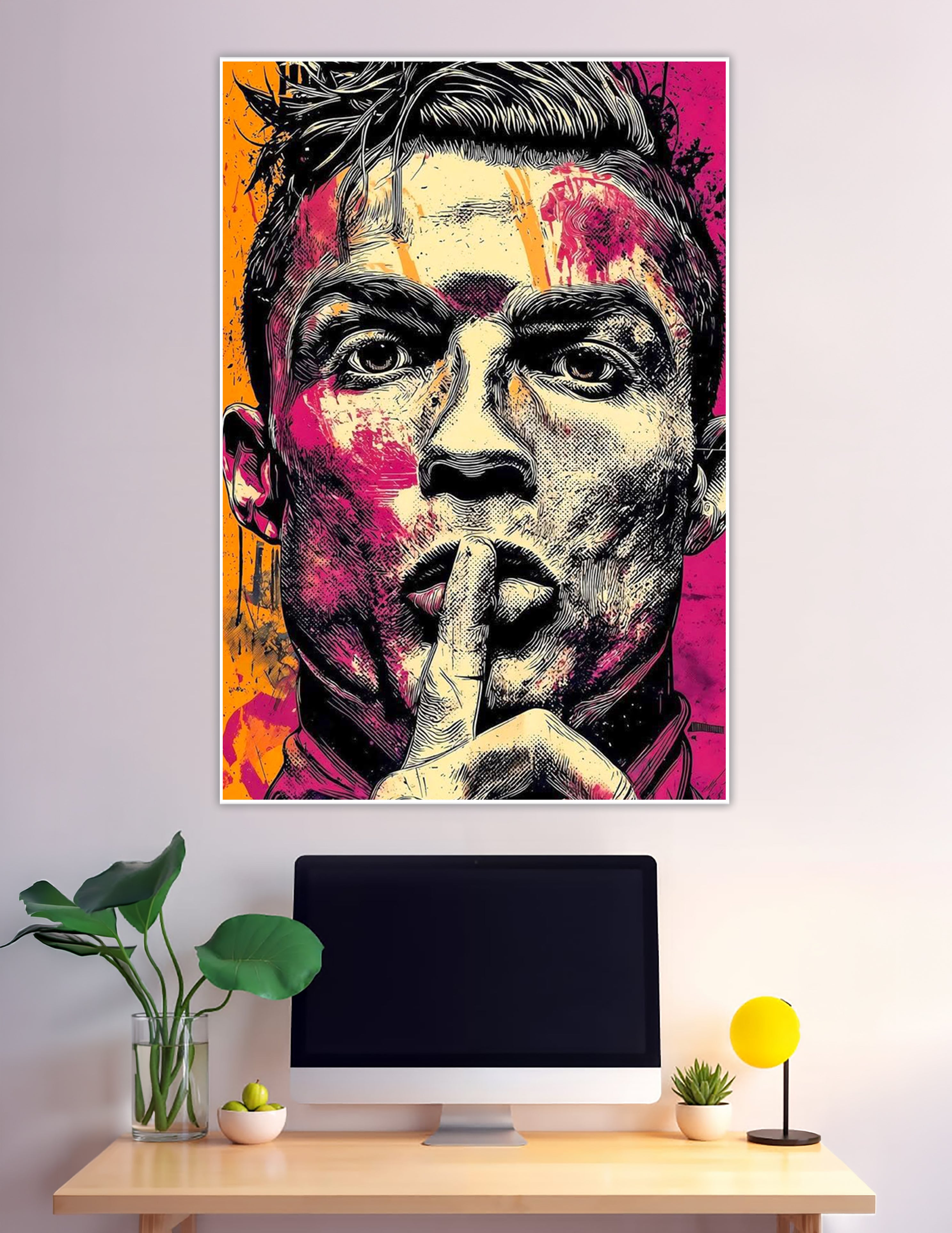 Pop art portrait of football legend with silence gesture