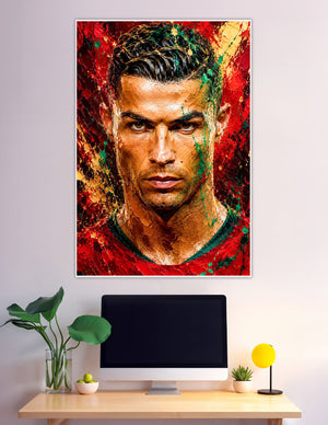 Bold paint splash football player portrait poster red green gold