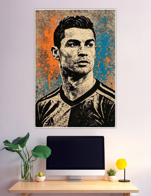Cristiano Ronaldo graffiti stencil portrait with orange blue splatter