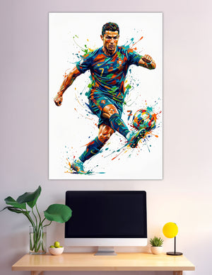 Colorful pop-art poster of football player number 7 kicking ball
