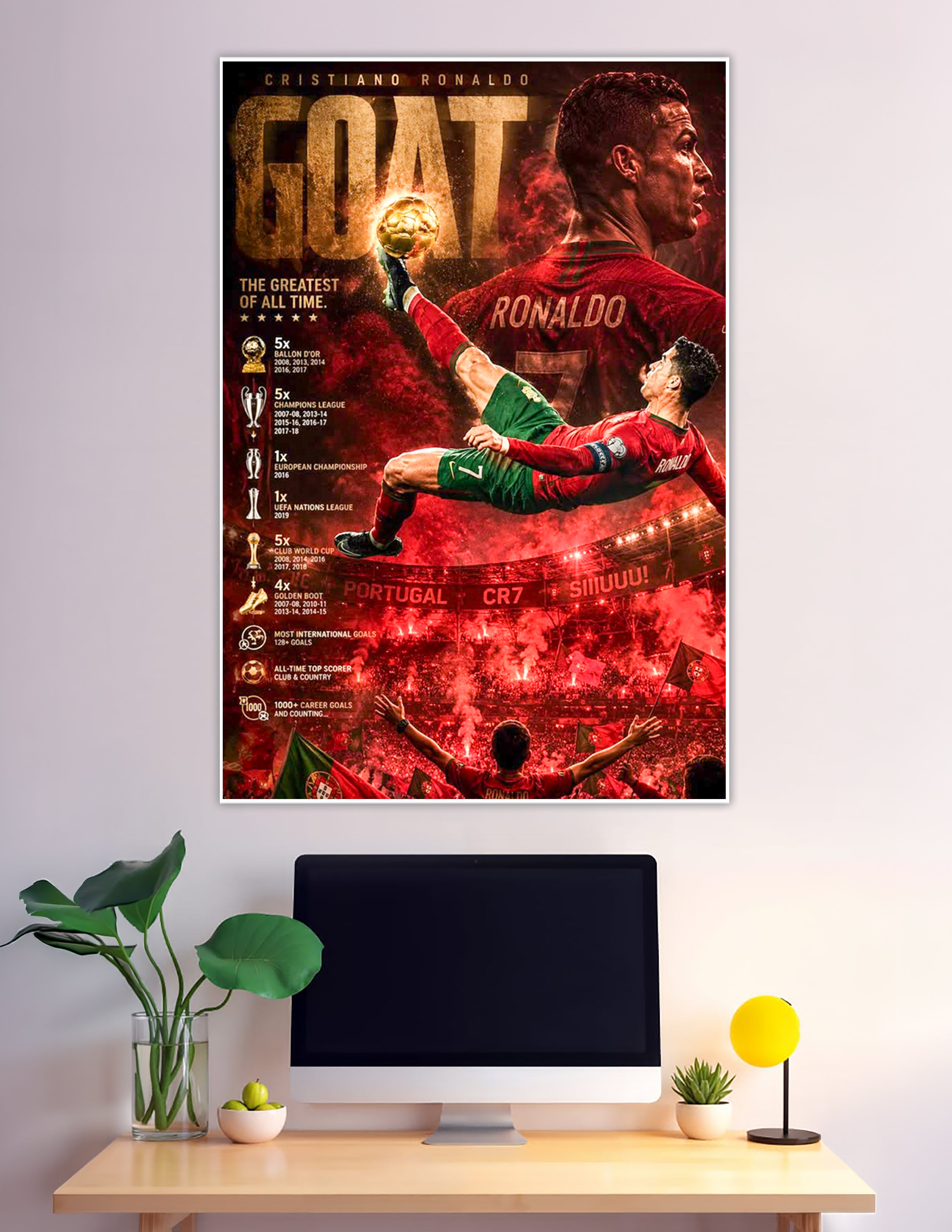 Cristiano Ronaldo GOAT poster with career stats and bicycle kick
