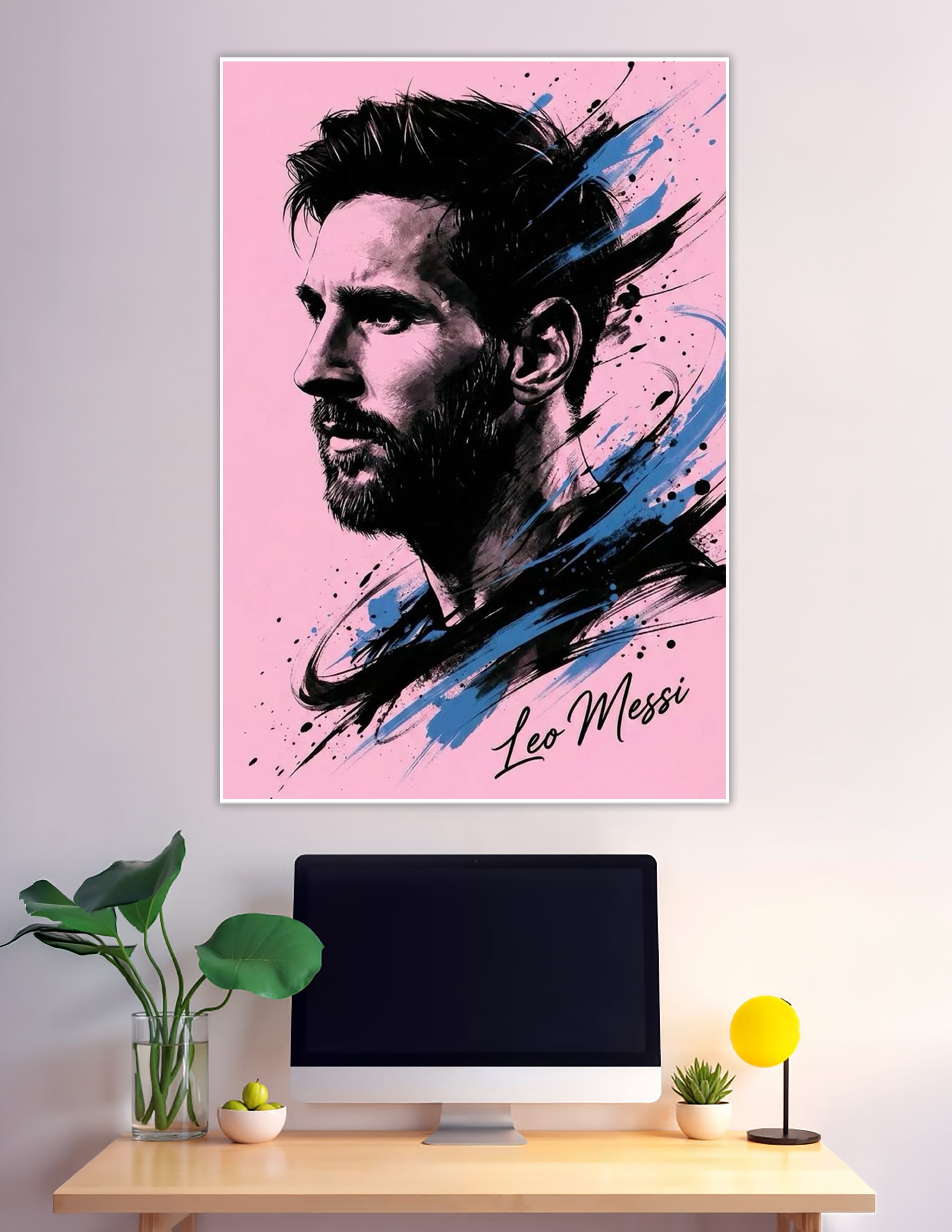 Leo Messi abstract ink portrait poster pink background