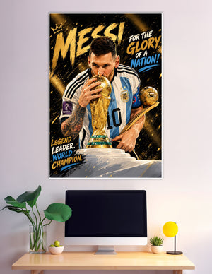 Messi kissing FIFA World Cup trophy Argentina jersey poster