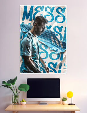 Messi in Argentina Adidas jersey with blue cleats poster