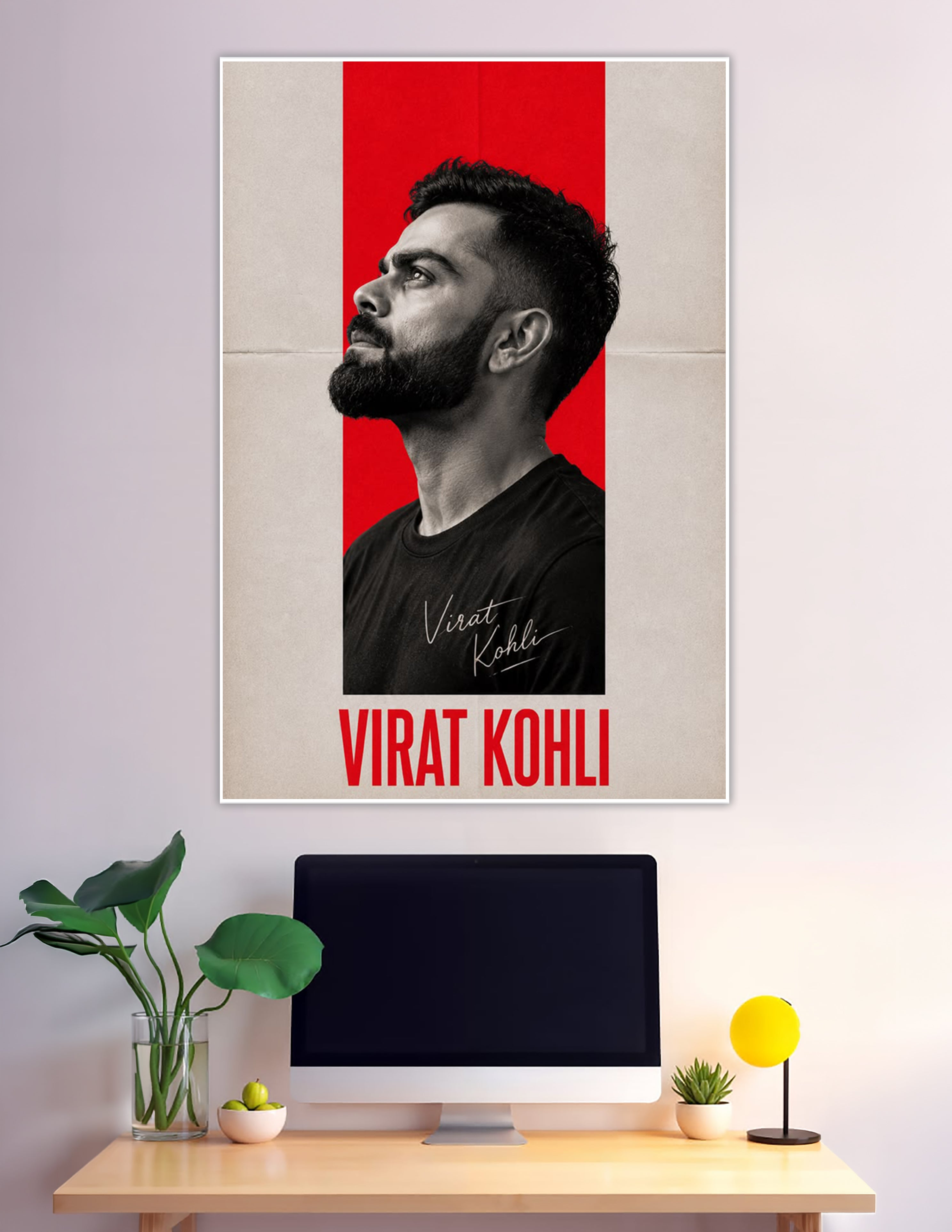 Virat Kohli black and white portrait poster with red background
