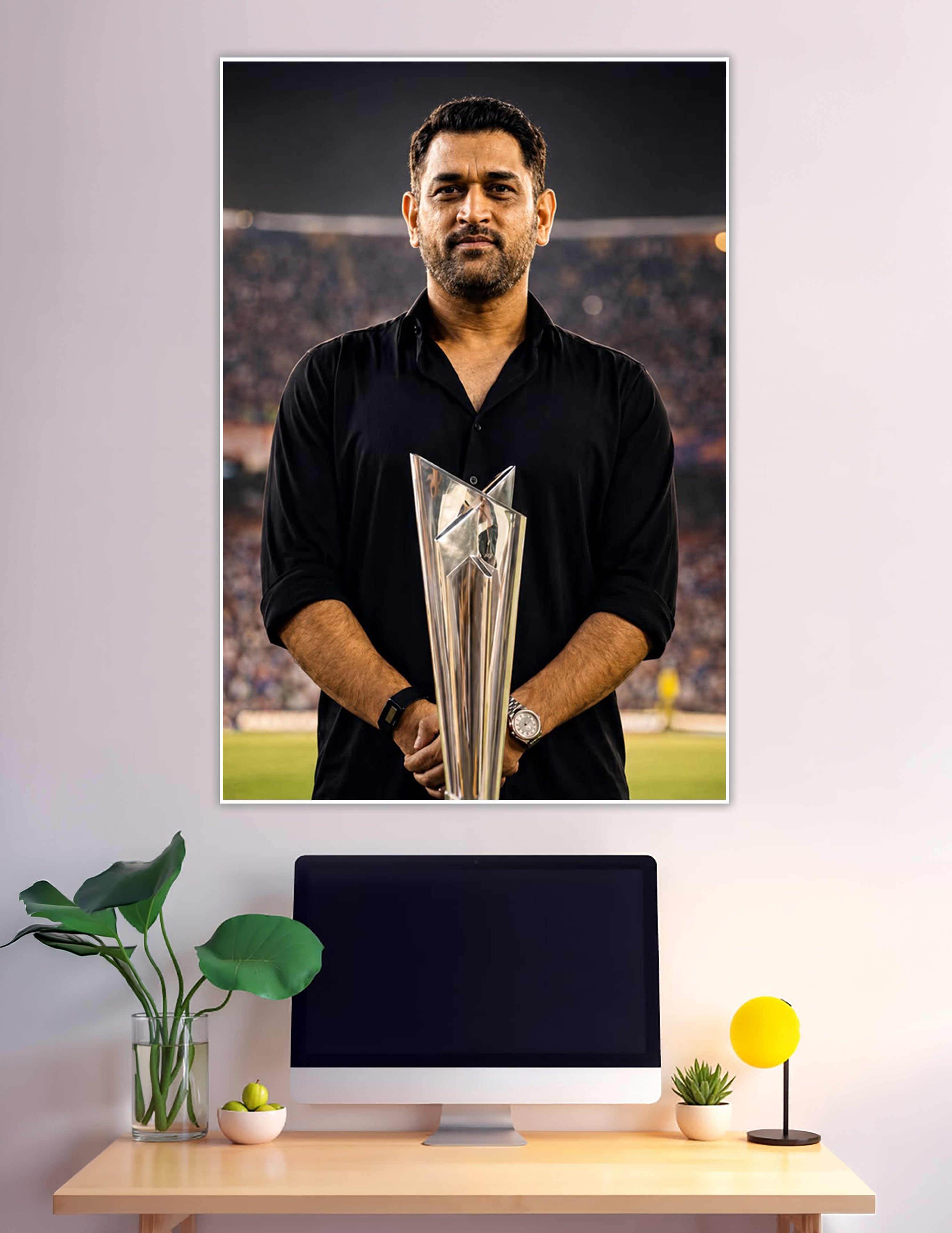 Cricket champion holding silver trophy in stadium night