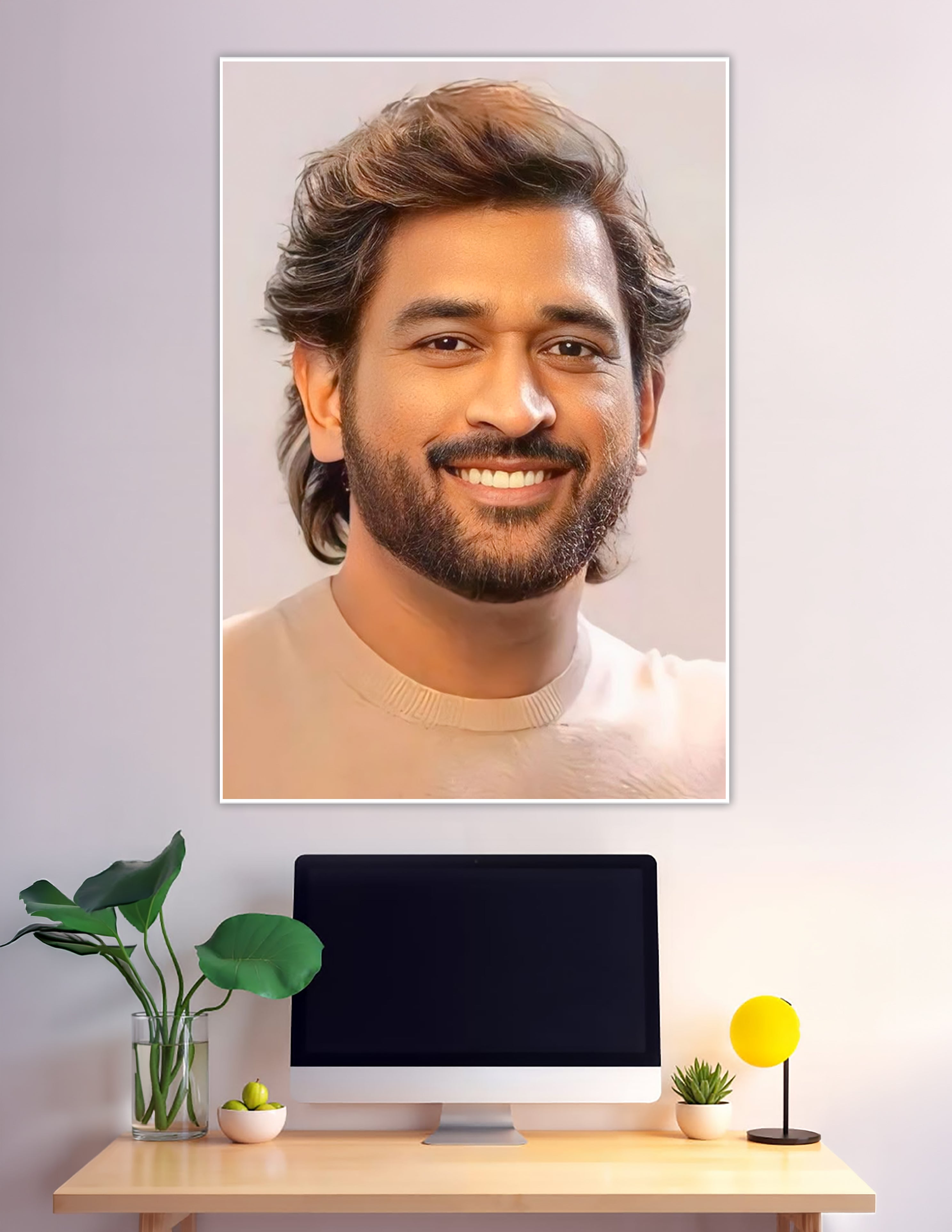 Minimal portrait poster of smiling bearded man neutral background