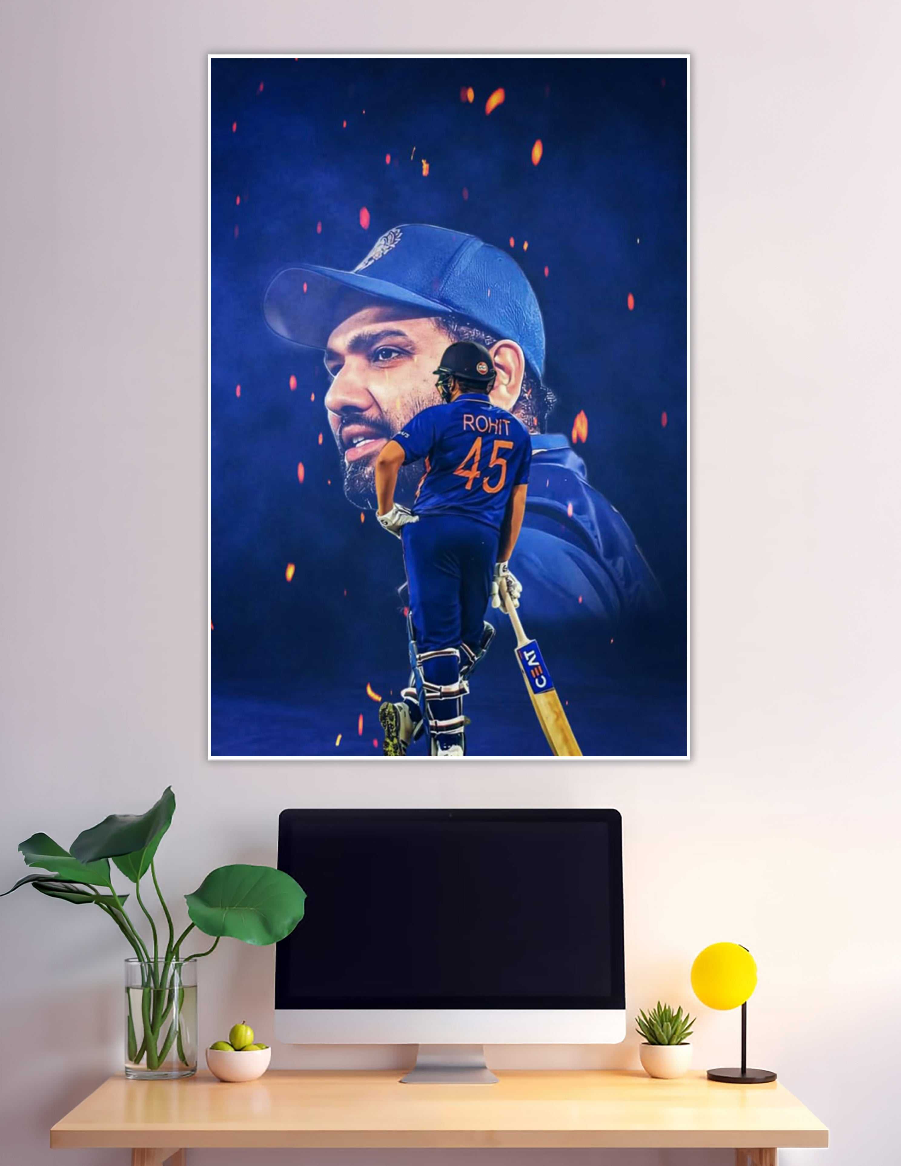 Rohit Sharma number 45 India cricket double-exposure fire poster