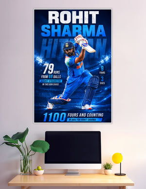 Rohit Sharma batting action poster with ODI statistics