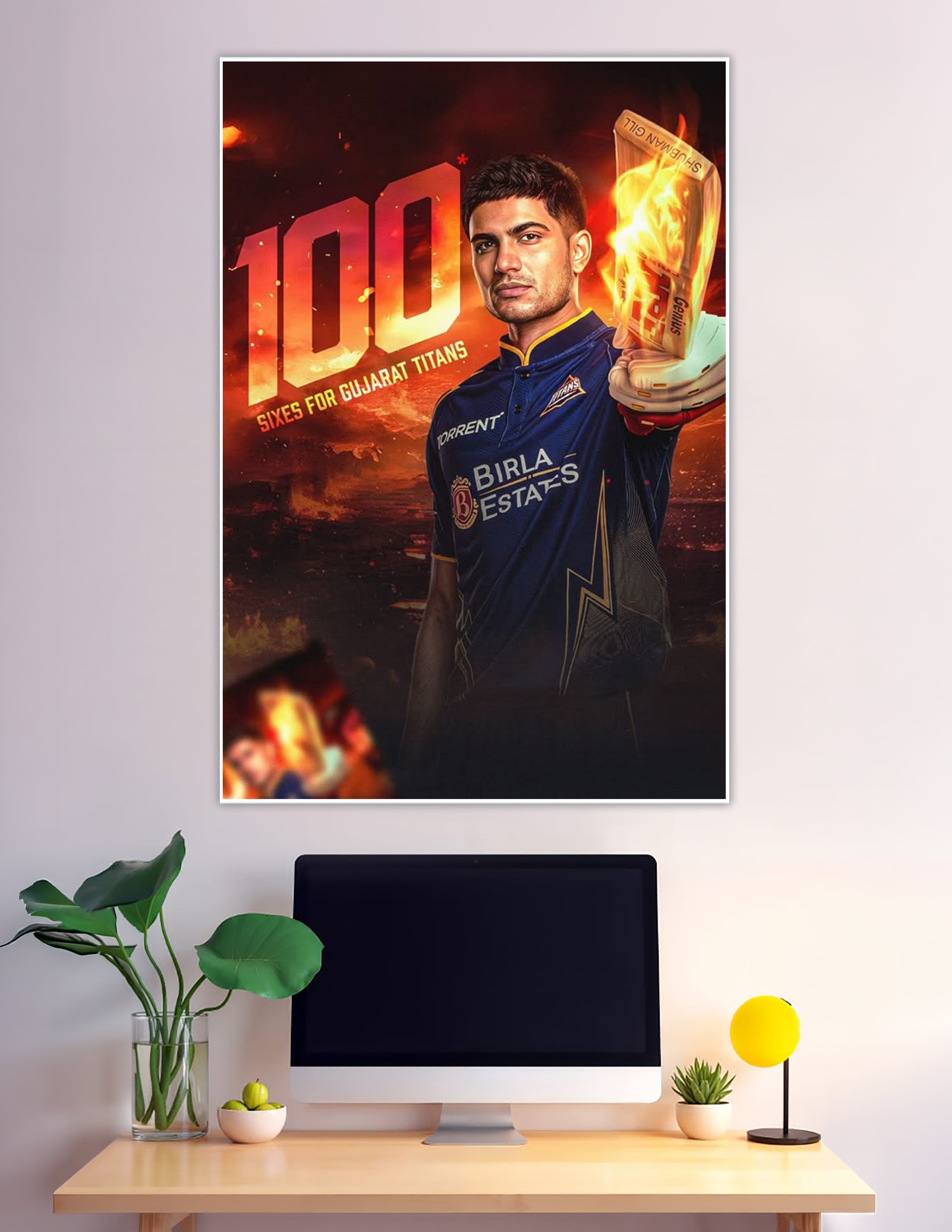 Shubman Gill 100 sixes Gujarat Titans fiery cricket poster