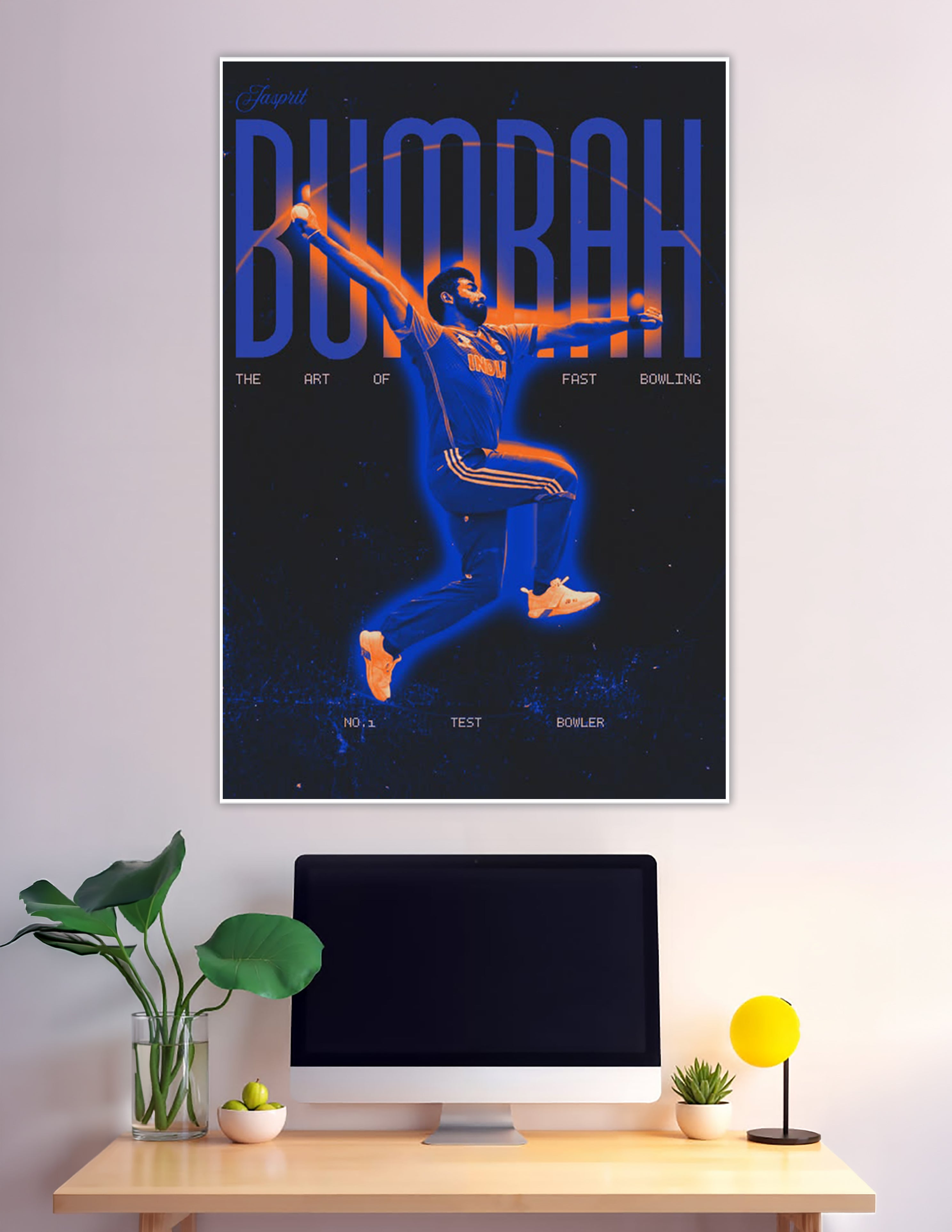Jasprit Bumrah neon cricket fast bowling action poster