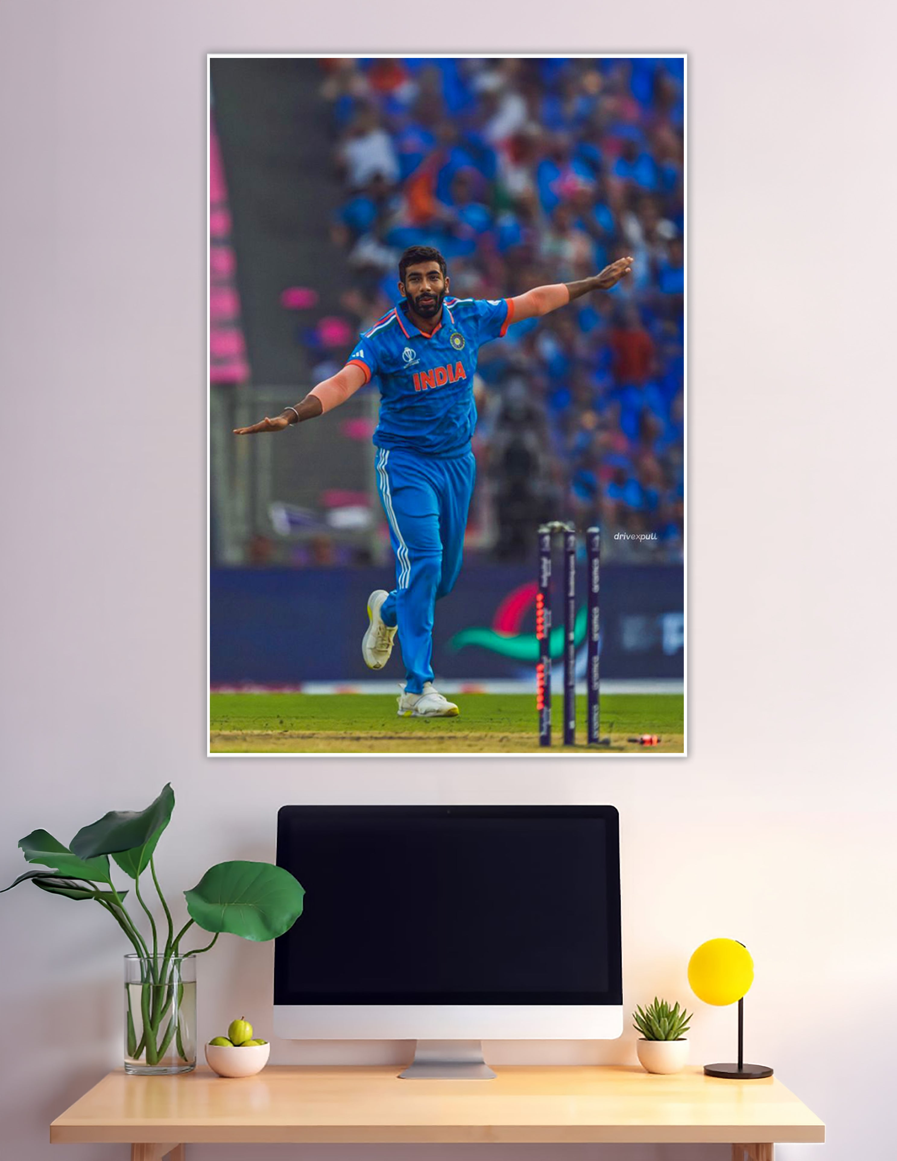 India cricket bowler celebrating wicket in World Cup jersey