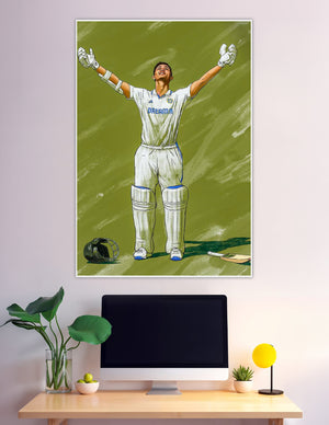 Illustrated Indian Test cricket batsman celebrating century arms raised