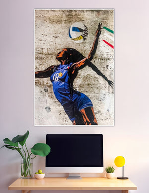 Street art volleyball player spiking anti-racism message ball