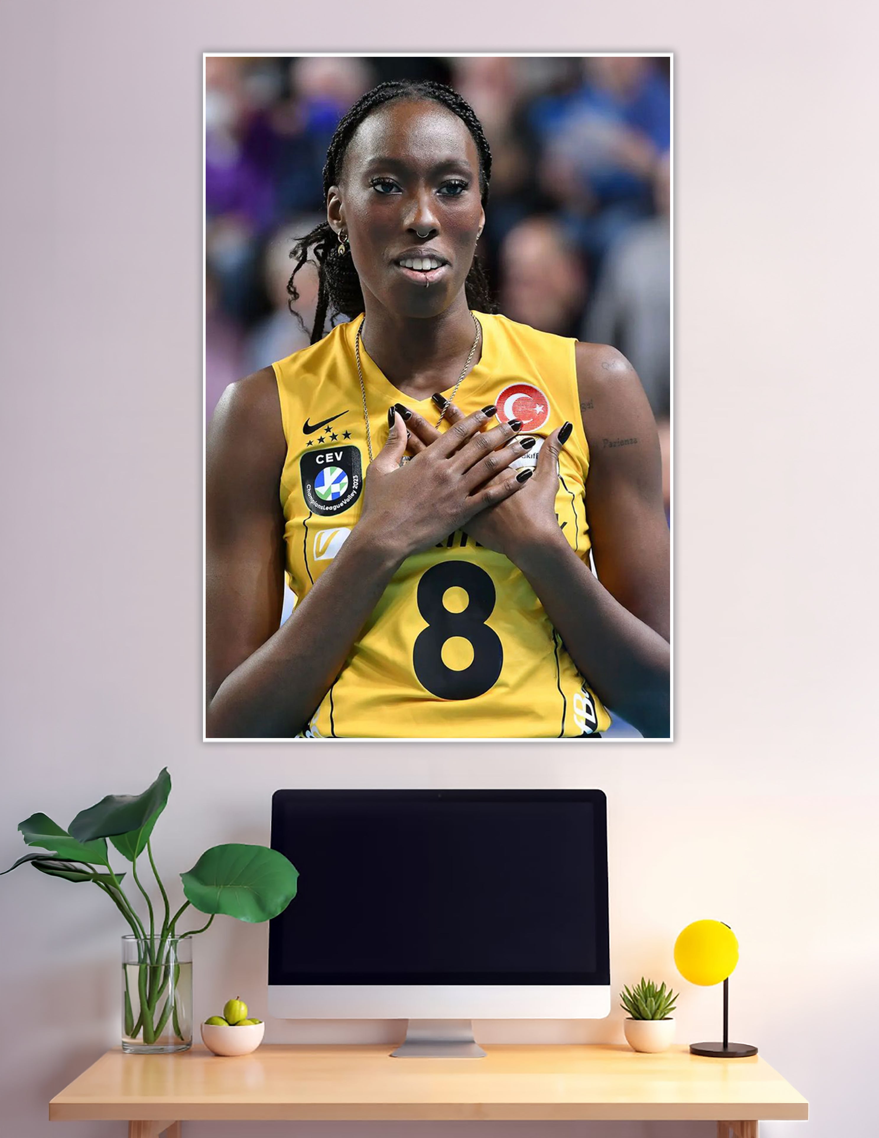 Female volleyball player number 8 CEV Champions League yellow jersey